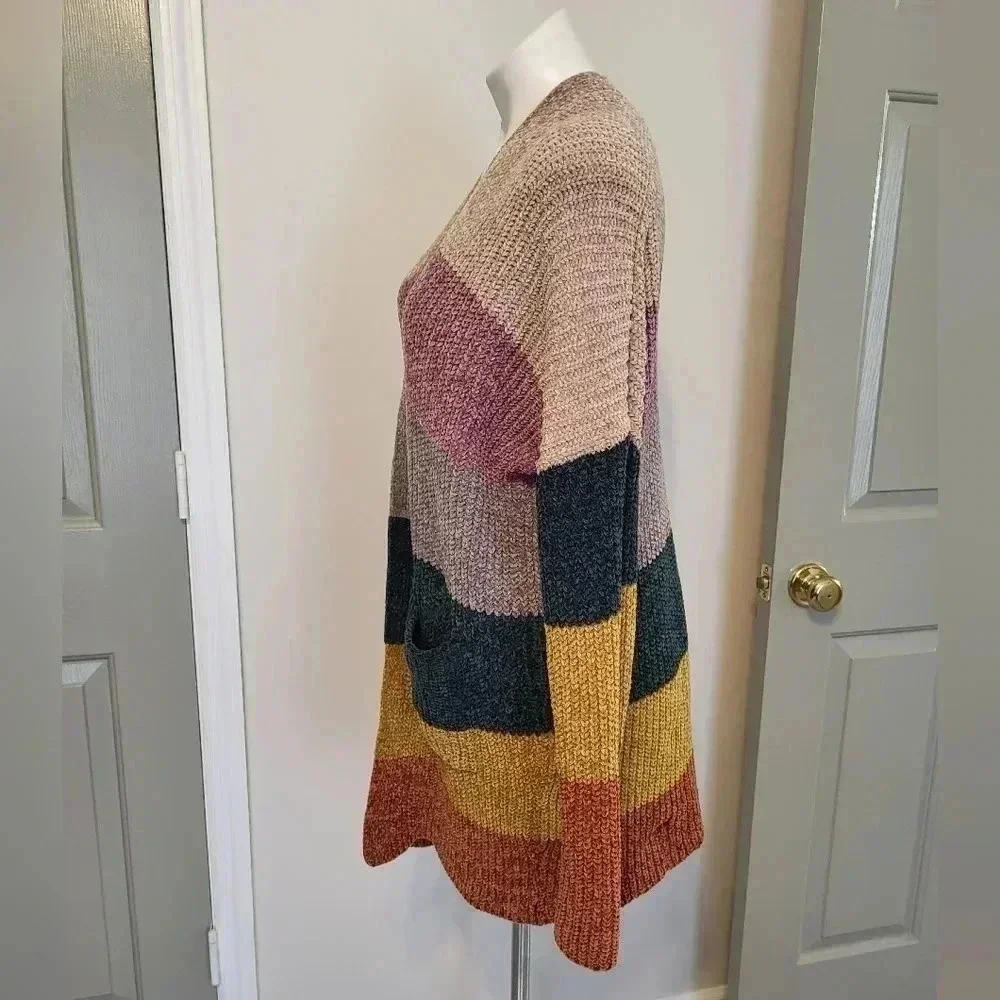 ODDY Multicolored Striped ColorBlock Open Front Sweater Cardigan(S/M)